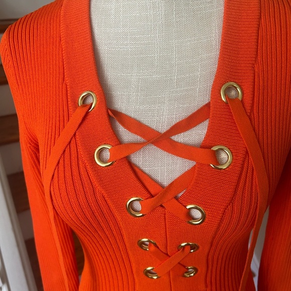 Michael Kors Lace Up Ribbed Dress. Orange BodyCon XS Festive Fall Designer - Picture 4 of 7